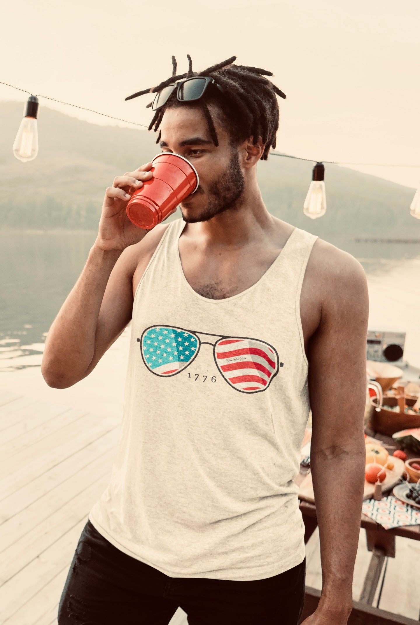 "USA Flag Sunglasses Tank Top" - Men's Tank Tops
